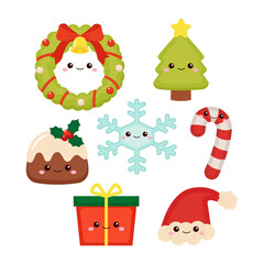 Kawaii Christmas objects decoration set. Flat vector cartoon style