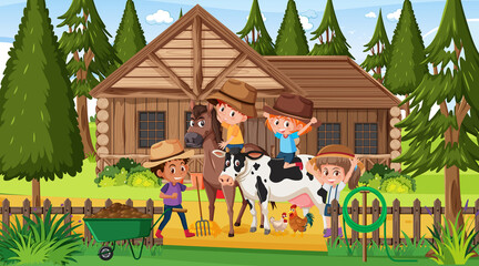 Naklejka premium Wooden house in nature scene with many children and farm animals