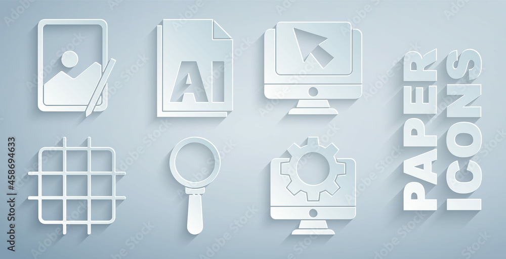 Poster set magnifying glass, computer monitor and cursor, grid graph paper, gear, ai file document and grap