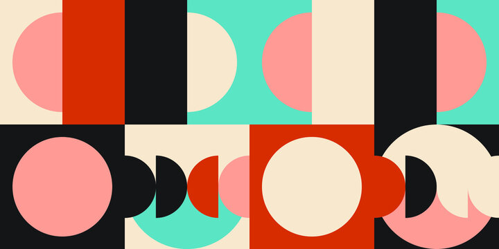 Modern vector abstract  geometric background with circles, rectangles and squares  in retro scandinavian style. Pastel colored simple shapes graphic pattern. Abstract mosaic artwork.