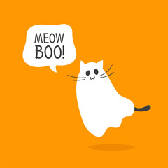 Cute Halloween cat ghost with speech bubble Meow Boo.
