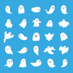 Cute Halloween ghost collection. Cartoon scary ghostly characters set. Fun spooky monsters