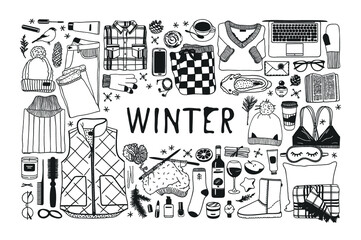 Hand drawn fashion illustration. Creative ink art work. Actual cozy vector drawing. Winter set, wear, shoes, accessories, food, drinks, things