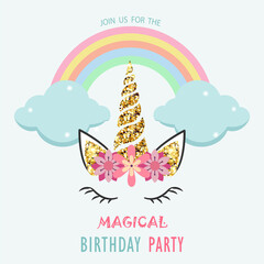 Unicorn birthday invite. Vector illustration.