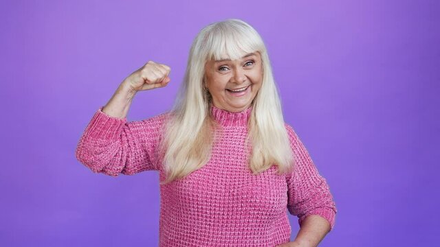 Crazy grandmother direct finger strong arm biceps flex promote health care