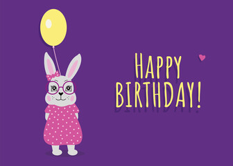 Obraz na płótnie Canvas Vector happy birthday card with a hare and a balloon. Girl's birthday