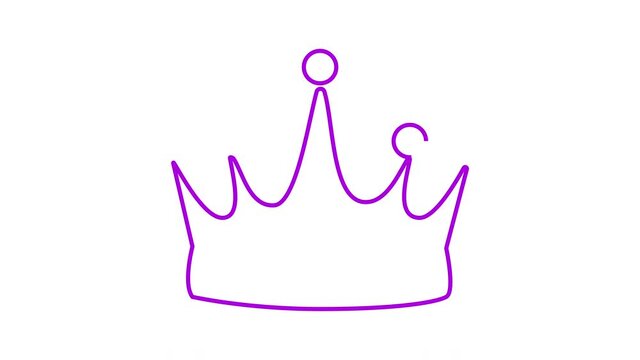 Self drawing animation of king crown outline. Line art. Luma matte, isolated 2d element. Violet magenta line.