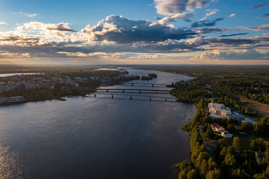 Tornionjoki bridges, summer evening, in Tornio, Finland