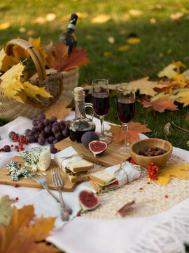 Autumn picnic with food, fruits, cheese and red wine on lawn with maple leaves. Romantic dinner in garden in evening outdoors