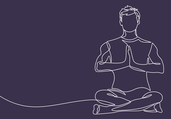 Continuous line art or one line drawing of man doing exercise in yoga pose. Sitting with cross leg. Yoga lotus pose.