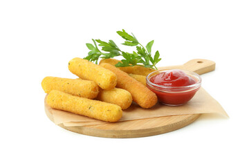 Board with tasty cheese sticks isolated on white background