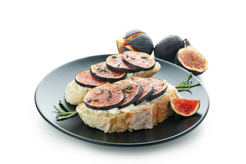Plate with bruschetta with fig isolated on white background