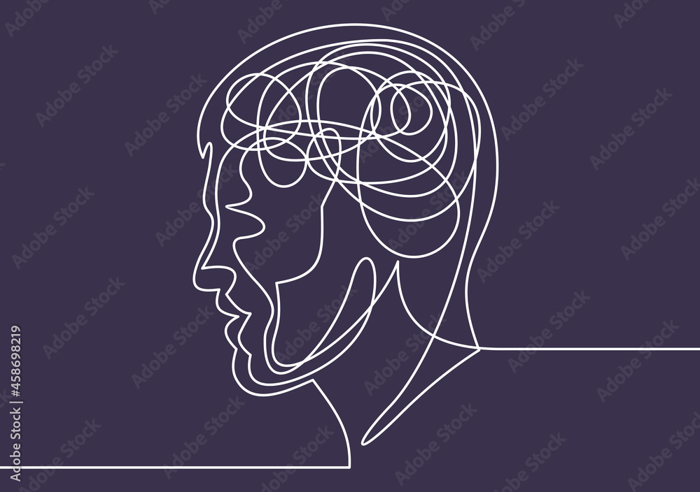 Poster vector concept confusion in the head.one continuous line drawing