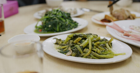 Chaozhou style steamed fish, fried vegetable and meat