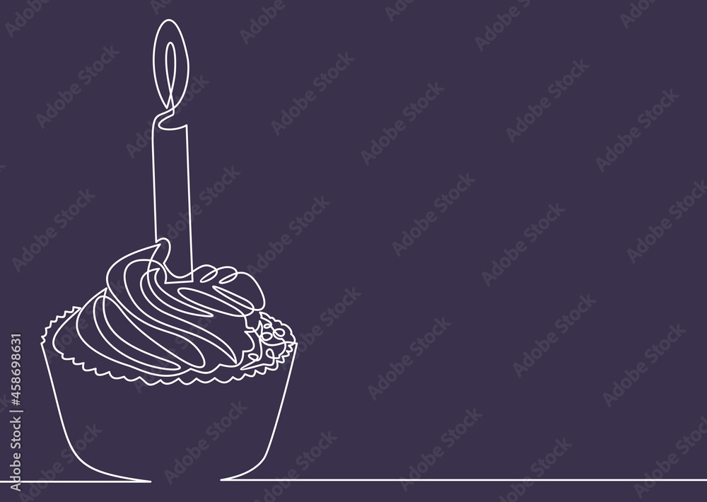 Poster one continuous drawn line of birthday cake with a candle.flat vector icon