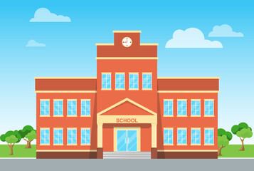 School building, primary school facade against the background of a natural landscape. Vector, cartoon illustration. Vector.