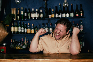 Drunk funny fat man. Alcohol problems.