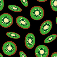 Materiał do szycia Slice of kiwi fruit on black background. Summer seamless pattern. Flat style.