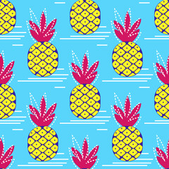 Materiał do szycia Abstract pineapple fruit on blue background. Summer fun seamless pattern. Cartoon style.