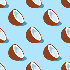 Materiał do szycia Half coconut with shadow on blue background. Summer seamless pattern. Flat simple style.