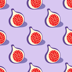 Materiał do szycia Half fig with shadow on purple background. Summer fruit seamless pattern. Flat simple style.