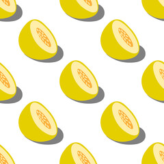 Materiał do szycia Half ripe melon with shadow on white background. Summer fruit seamless pattern. Flat simple style.