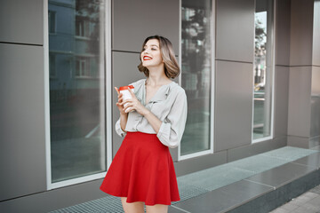 cheerful woman red lips charm city walk entertainment