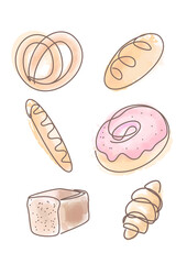 Bread in Continuous Line Art Style. Sketchy Croissant, Cake, Pretzel, Bun. Cereal Art.
