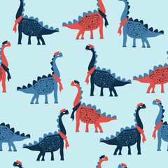 Seamless pattern of funny dinosaurs in French berets. Vector illustration © Gulnaz