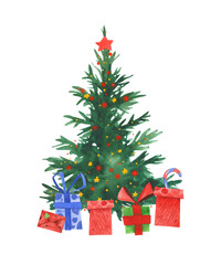 Watercolor cute hand drawn christmas tree with present gift boxes, bunting, lamp lightning garland, letter.