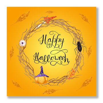 Watercolor square card for the holiday of Halloween with a wreath with dry branches of a tree with a spider a gouged out eye, a mushroom toadstool and a pumpkin in a witch hat on an orange background.
