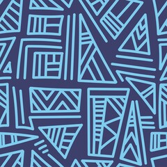 Seamless abstract black pattern on blue background. Vector doodle image. Graphic triangles  ornament.