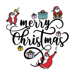 Santa Claus with gifts and ringing the bell. Merry Christmas.  Hand drawn lettering calligraphy for greetings card