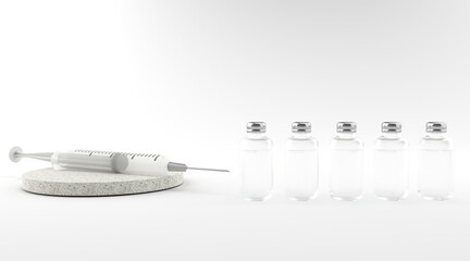 3D rendering of Coronavirus 2020. Syringe on the round stone pedestal, and Several vaccine bottles arranged in a row Isolated on white background, Concept of health, concept virus Covid-19 protection.