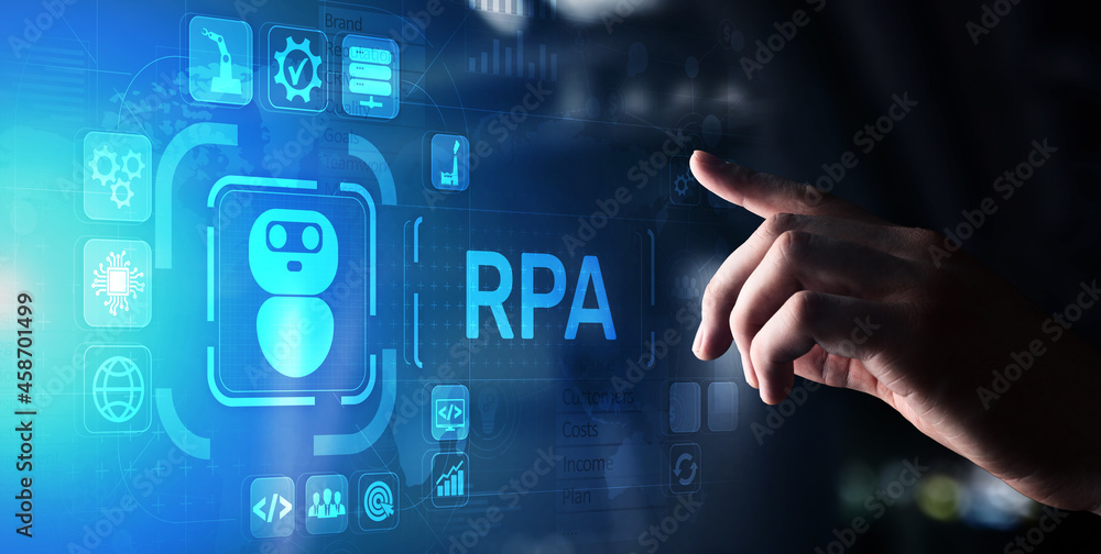 Poster rpa robotic process automation innovation technology concept on virtual screen.
