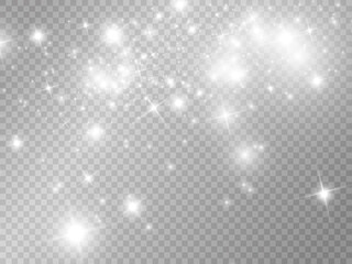 White sparks and golden stars glitter special light effect. Vector sparkles on transparent background. Christmas abstract pattern. Sparkling magic dust particles