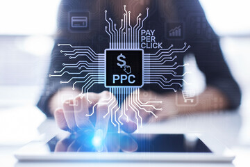 PPC Pay per click payment technology digital marketing internet business concept on virtual screen.