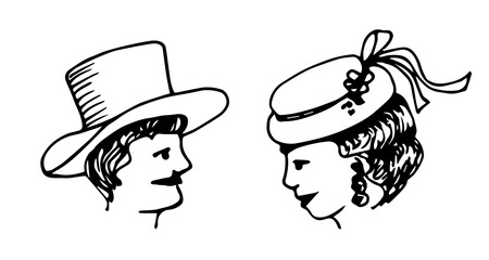 Hand-drawn simple vector drawing in black outline. Lady and gentleman in vintage hats. Historical fashion. Ink sketch.