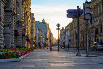 GUM store and Ilinka Street in Moscow, Russia. Architecture and landmarks of Moscow. Cityscape of Moscow