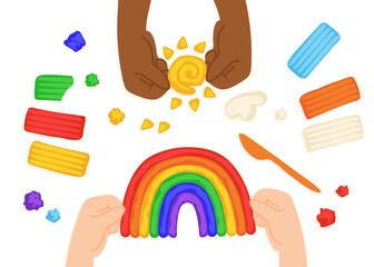 Kid sculpts sun, rainbow and cloud with plasticine, modelling clay tools, board and knife, art process, top view. Hand drawn illustration in modern cartoon flat style