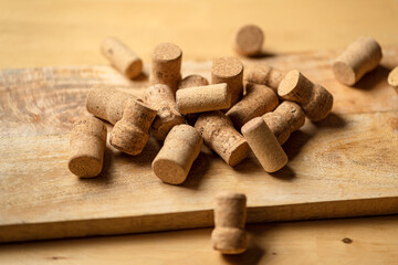 Bunch of wine corks on wooden table