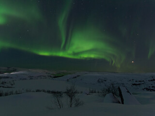 Obraz na płótnie Canvas At night in winter, the tundra and the aurora borealis.
