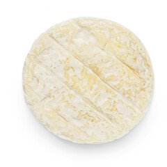 Round brie or camambert cheese isolated on a white background. Camembert cheese piece Top view, lat lay.