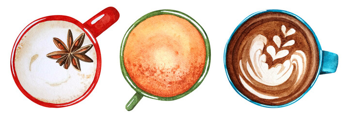 Watercolor set with hot drinks top view isolated on white background. Green cup with tea, red cup with coffee and star anise, turquoise cup with cappuccino.
