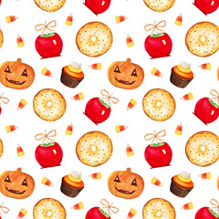 Watercolor Halloween pattern with sweets on a white background. Perfect for wrapping paper, halloween design, background or wallpaper.
