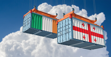 Freight containers with Georgia and Ireland national flags. 3D Rendering 
