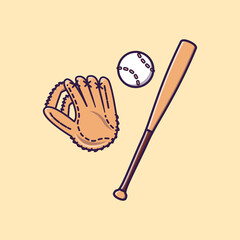Bat, glove and ball baseball cartoon vector icon illustration