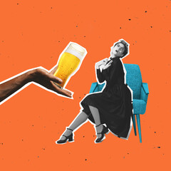 Contemporary art collage with young sitting alone and drinking beer, wine. Concept of festival,...