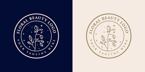Hand drawn feminine woman beauty minimal face and floral botanical logo template for makeup spa salon skin & hair care line art portrait vector printable illustration design