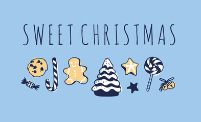 Hand drawn Christmas frame on blue background. Creative Holidays ink art work. Actual vector doodle drawing